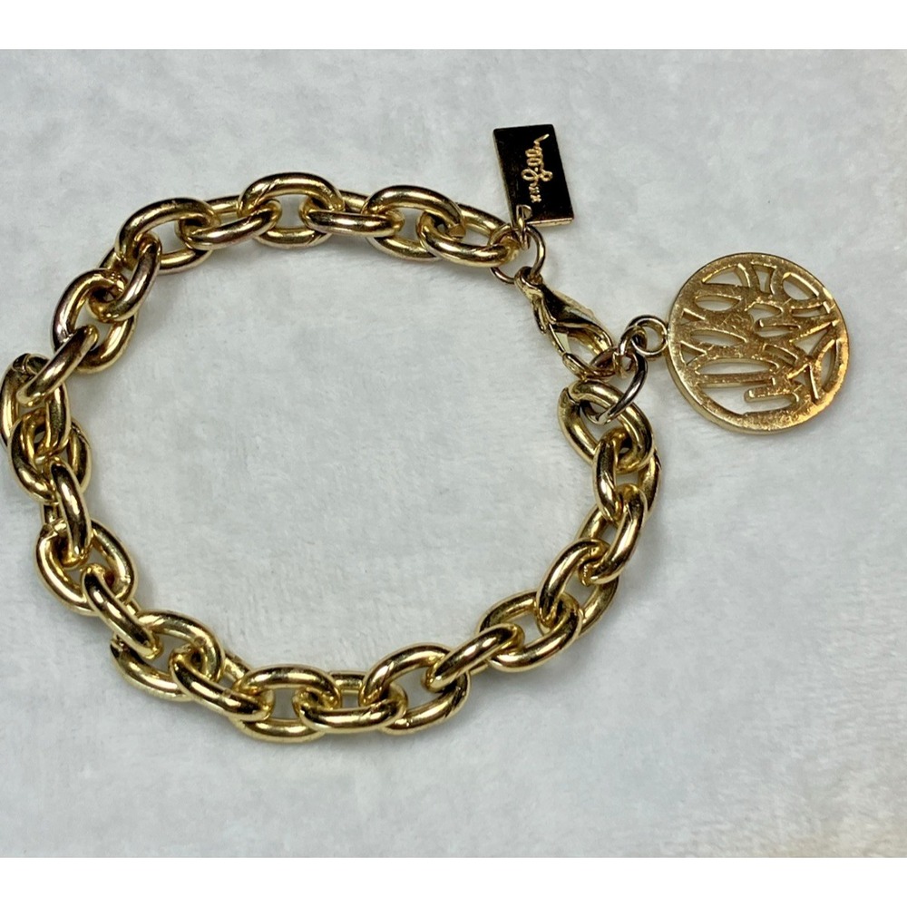 Lilly Pulitzer Charm Bracelet Gold Tone Logo Tag Preppy Coastal Classic Resort